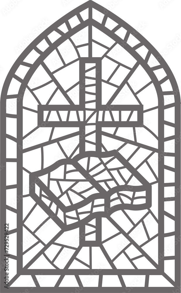 Church glass window. Stained mosaic catholic frame with religious symbol cross and bible book. Outline illustration Church glass window. Stained mosaic catholic frame with religious symbol cross and bible book. Outline illustration