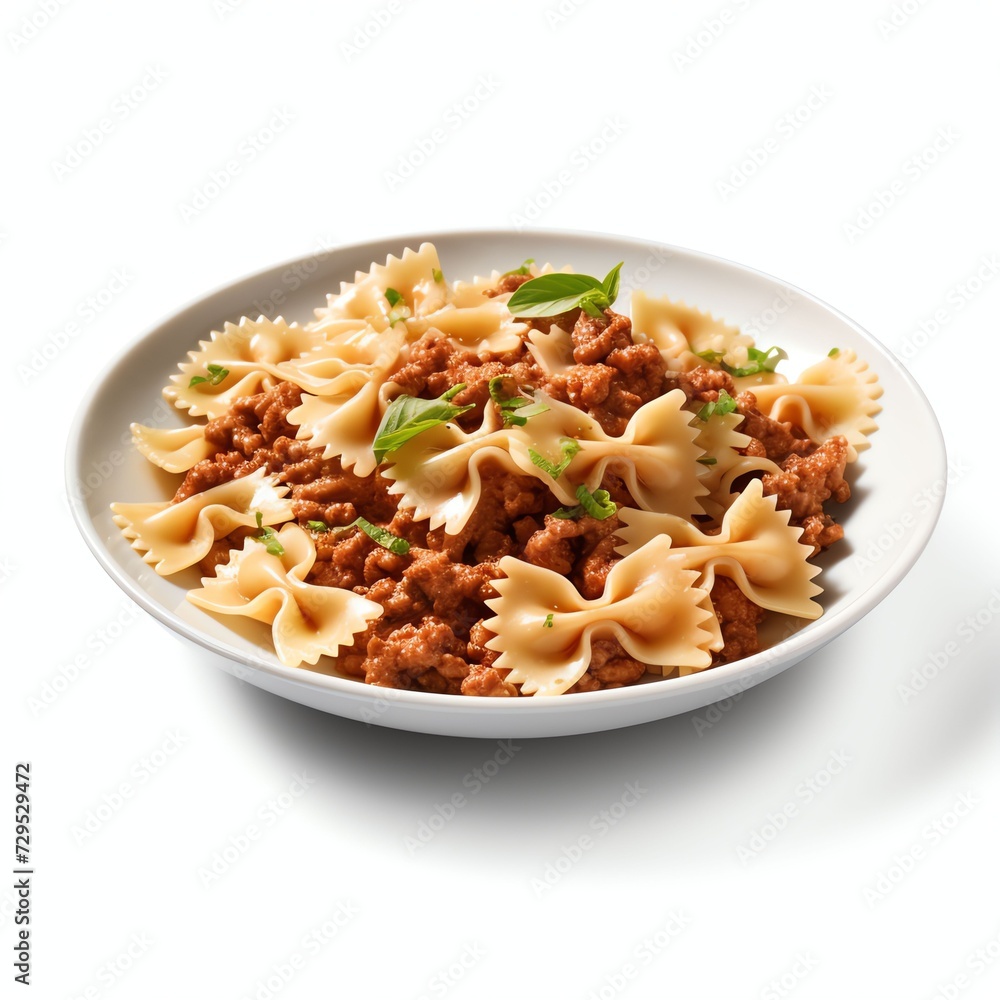 a Farfalle pasta with bolognese on the plate, studio light , isolated on white background a Farfalle pasta with bolognese on the plate, studio light , isolated on white background