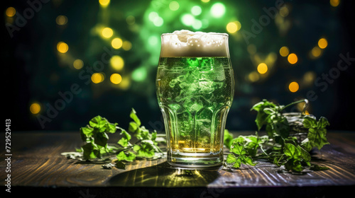 Banner with clover shamrocks leaves and a glass of beer on wooden table. St. Patrick's day concept. Lucky Irish Four Leaf Clover. Holiday symbol, earth day. Blurred background with bokeh. Copy space.