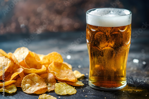 A close-up view of steamed mug of cold beer or ale, with foam the rim of the glass, on a wooden table. With potato chips. dark background in an Irish pub or english pub. bar counter with lights photo