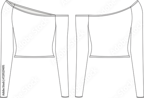 asymmetric boat neck off the shoulder long sleeve blouse sweater template technical drawing flat sketch cad mockup fashion woman design style model
