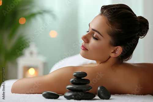 Relaxed young woman enjoying body treatment at wellness center. Yong woman on lastone therapy. photo