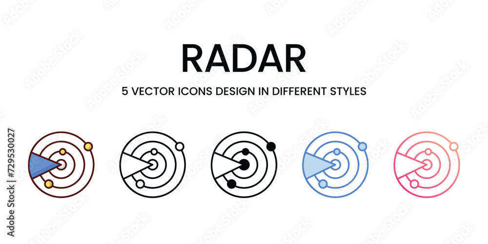 Radar Icon Design in Five style with Editable Stroke. Line, Solid, Flat Line, Duo Tone Color, and Color Gradient Line. Suitable for Web Page, Mobile App, UI, UX and GUI design.