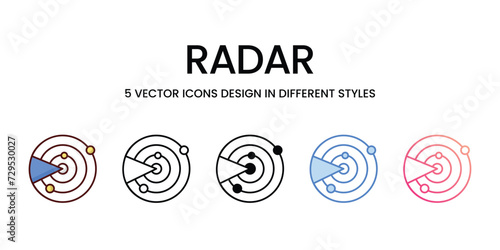 Radar Icon Design in Five style with Editable Stroke. Line, Solid, Flat Line, Duo Tone Color, and Color Gradient Line. Suitable for Web Page, Mobile App, UI, UX and GUI design.