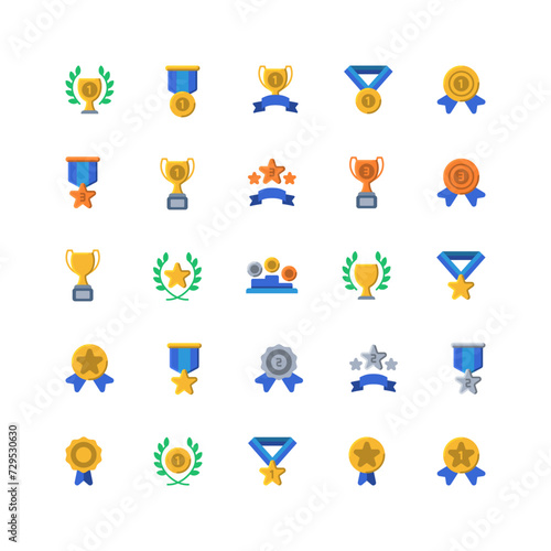 Awards icon set. flat color icon collection. Containing trophy, medal, badge icons.