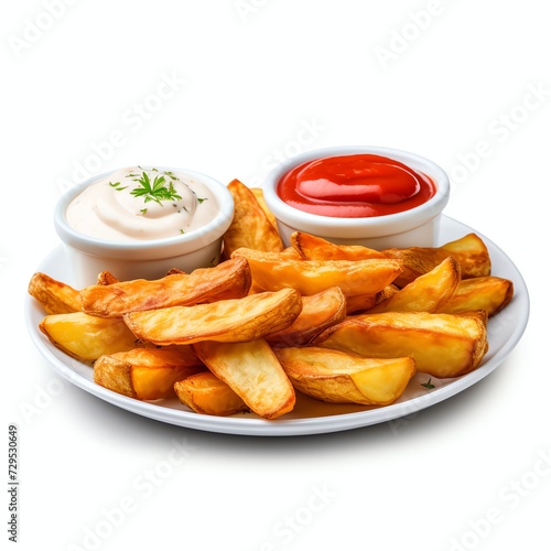 a fried potatoes with ketchup and mayonnaise, studio light , isolated on white background