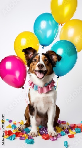 A dog wearing a pink and blue scarf sits among colorful balloons and confetti. © ProPhotos