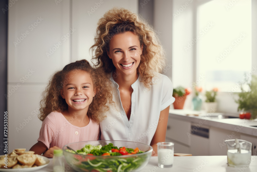 Mother and child enjoying meal prep in a sunny kitchen