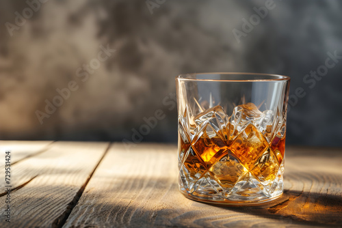 glass of whiskey with ice on a bar counter. friday night at the bar. cold glass of scotch of whisky on the rocks, wooden table