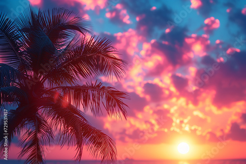 Tropical palm tree with colorful bokeh sun light on sunset sky cloud abstract background