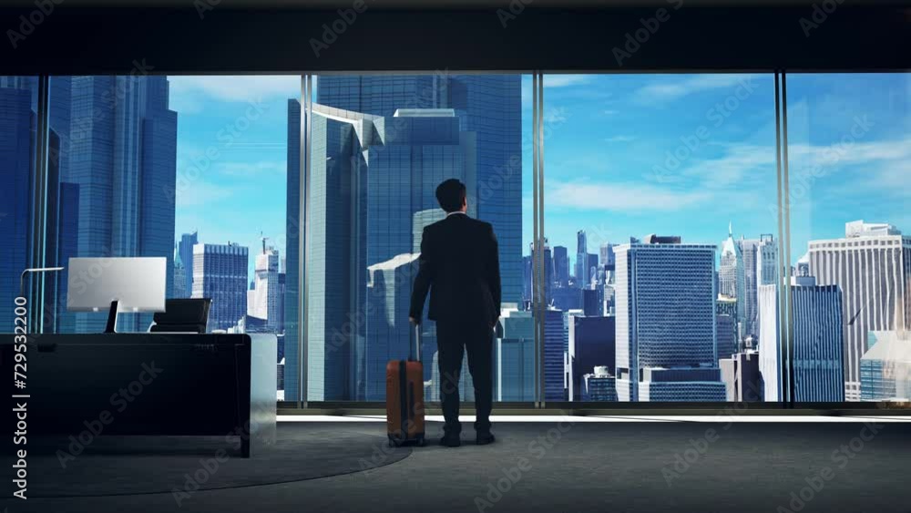 Asian Businessman Walking With Suitcase and Looking out of the Window on Big City
Asian Businessman Walking With Suitcase and Looking out of the Window on Big City