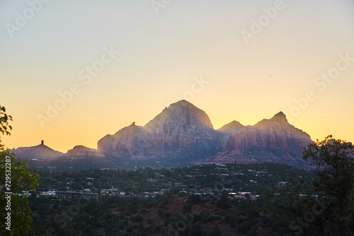 Sedona Mountain Range at Golden Hour with Tranquil Town View