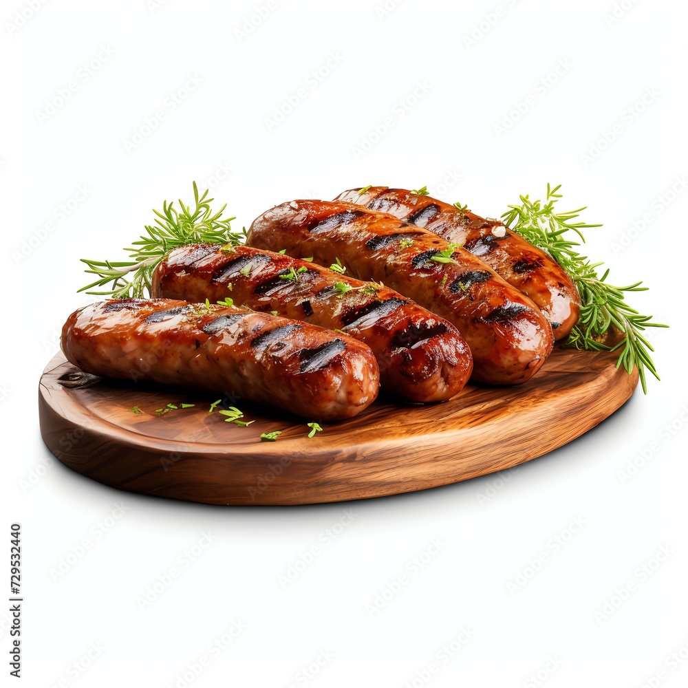 a grilled sausages with the addition of herbs on rustic wooden, studio light , isolated on white background a grilled sausages with the addition of herbs on rustic wooden, studio light , isolated on white background