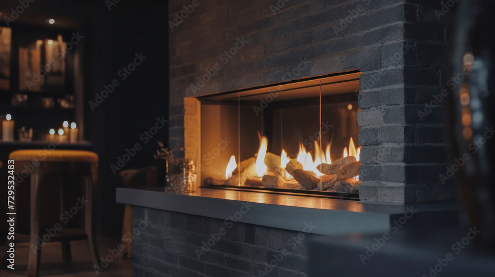 Nice fireplace with fire in a modern house. Created with AI.