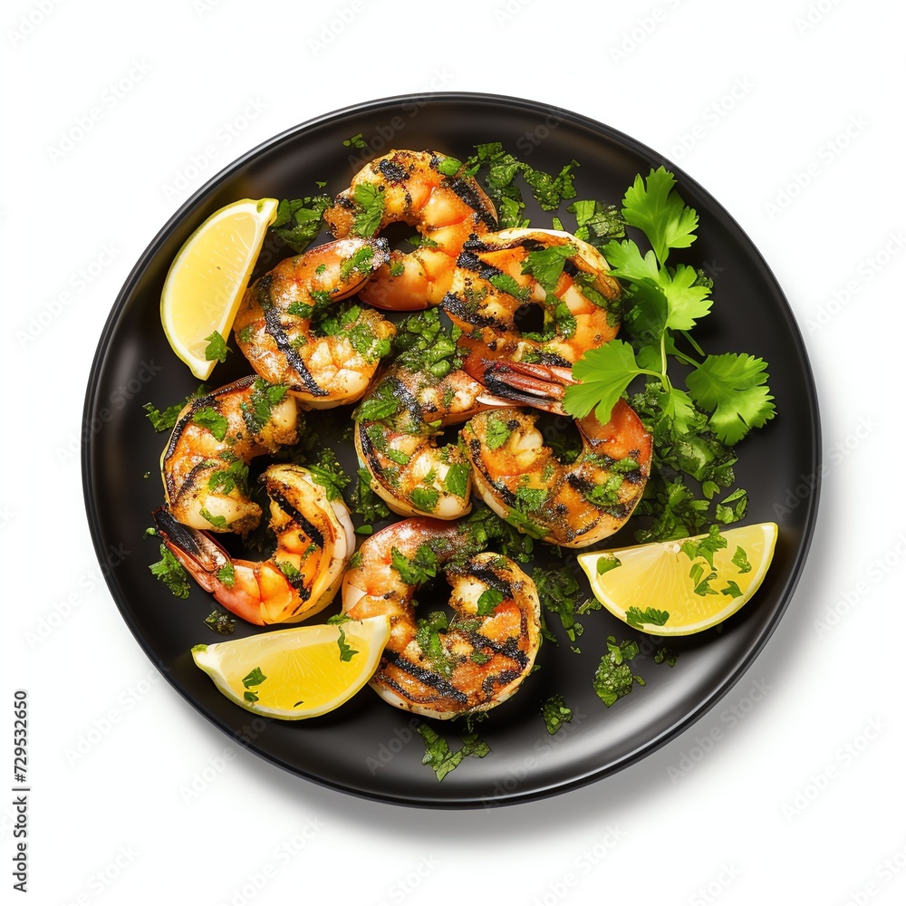 a Grilled shrimp with chopped parsley on black plate, studio light , isolated on white background a Grilled shrimp with chopped parsley on black plate, studio light , isolated on white background