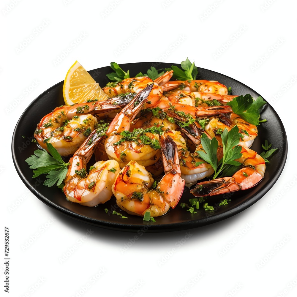 a Grilled shrimp with chopped parsley on black plate, studio light , isolated on white background