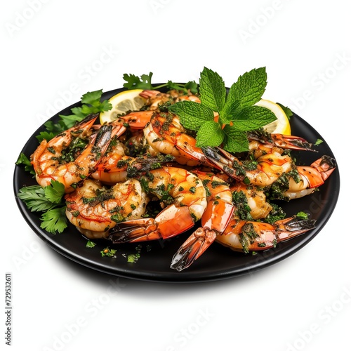 a Grilled shrimp with chopped parsley on black plate, studio light , isolated on white background
