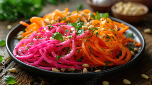 An intimate close-up of a spiralized vegetable noodle dish with vibrant carrot, zucchini, and beet spirals, tossed with pesto sauce, garnished with pine nuts and fresh basil.