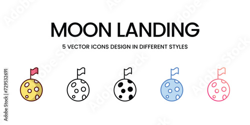 Moon Landing Icon Design in Five style with Editable Stroke. Line, Solid, Flat Line, Duo Tone Color, and Color Gradient Line. Suitable for Web Page, Mobile App, UI, UX and GUI design.