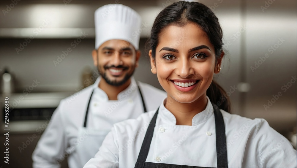 Professional Indian female chef taking a selfie with a male chef in the background, both in white chef uniforms, inside a commercial kitchen.