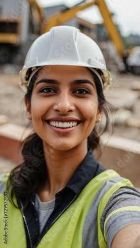 Close-up selfie of a young Indian female construction worker wearing a white safety helmet, smiling at the camera with construction machinery in the background.