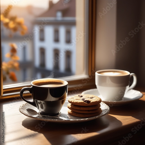 A cup of fragrant fresh coffee and a saucer with cookies stand on the window against the background of the beautiful city outside the window photo