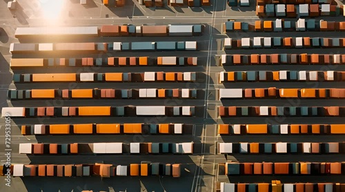 Drone view of container cargo network at logistics center photo