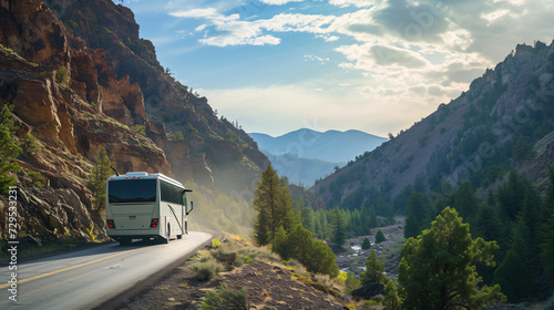 A luxury vacation bus equipped with amenities cruising through a mountain pass.