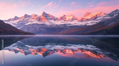A mesmerizing image of a crystal-clear mountain lake reflecting the snow-capped peaks at dawn.
