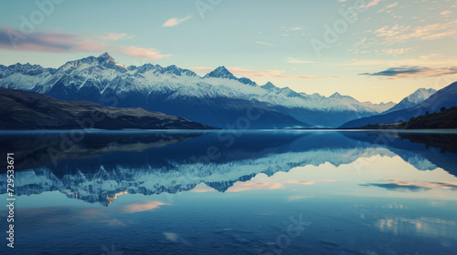 A mesmerizing image of a crystal-clear mountain lake reflecting the snow-capped peaks at dawn.