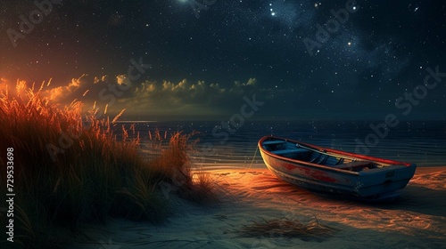  Boat on the beach in the night wallpaper background landscape boating wallpaper with dreamy look. Generative AI.