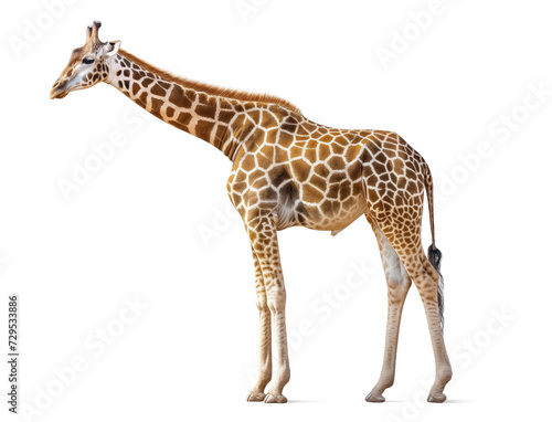 Single giraffe standing isolated on white background, side view.