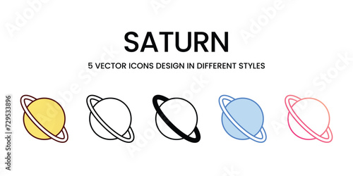 Saturn Icon Design in Five style with Editable Stroke. Line, Solid, Flat Line, Duo Tone Color, and Color Gradient Line. Suitable for Web Page, Mobile App, UI, UX and GUI design. photo