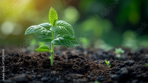 Close up green seedling growing on fertile soil with blurred nature background. Generative AI