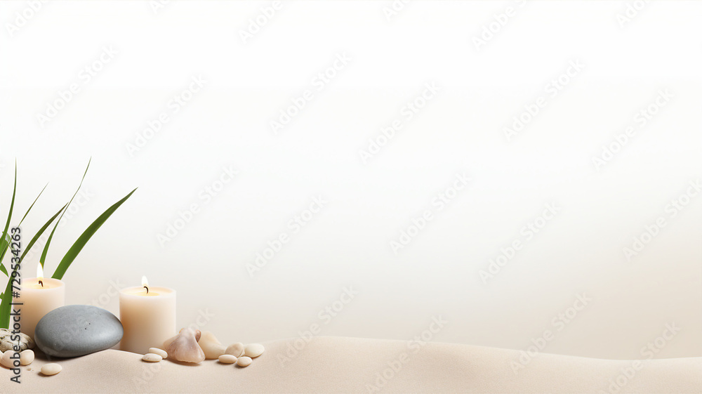 Ivory candles lit beside smooth stones on sandy background