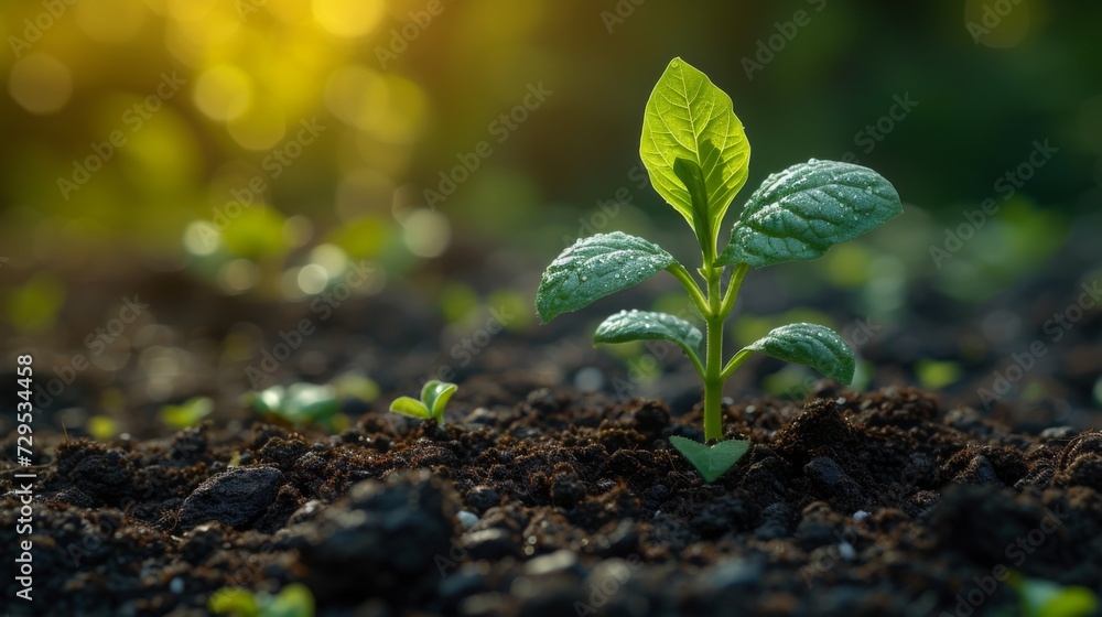 Close up green seedling growing on fertile soil with blurred nature background. Generative AI Close up green seedling growing on fertile soil with blurred nature background. Generative AI