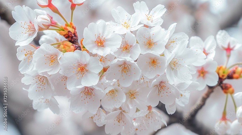
closeup of tree branch of white sakura cherry blossom in spring