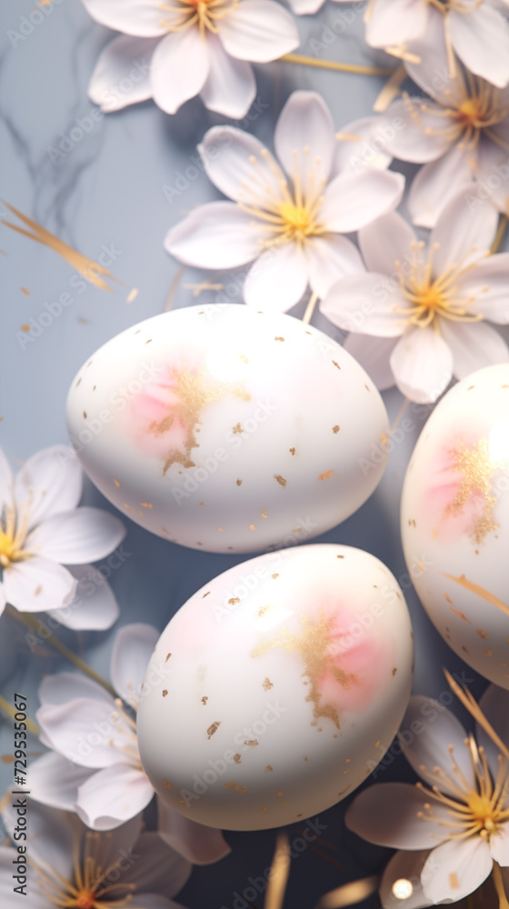 White Easter eggs with gold splashes among gentle white flowers. Easter greeting card background, phone wallpaper, stories backdrop White Easter eggs with gold splashes among gentle white flowers. Easter greeting card background, phone wallpaper, stories backdrop