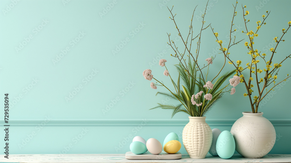Spring Easter composition of colored eggs in pastel colors and flowers, AI generated illustration Spring Easter composition of colored eggs in pastel colors and flowers, AI generated illustration
