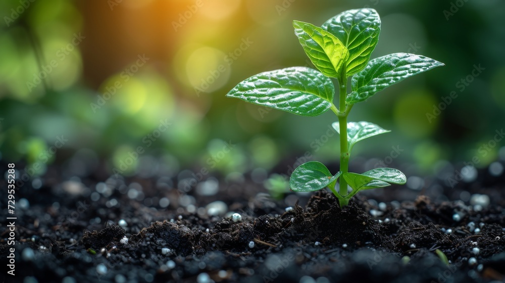 Close up green seedling growing on fertile soil with blurred nature background. Generative AI Close up green seedling growing on fertile soil with blurred nature background. Generative AI