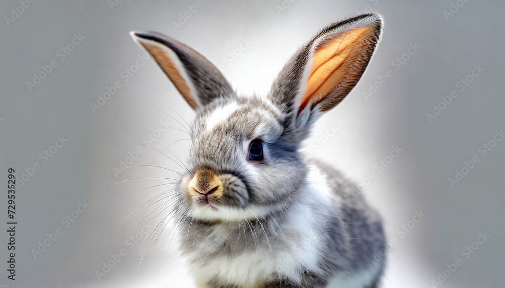 funny bunny or baby rabbit fur gray with long ears is standing for easter day on white background