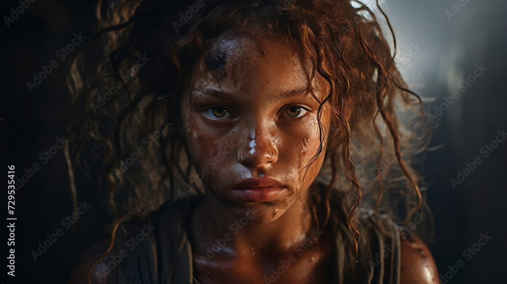 portrait of a girl covered with mud, dramatic scene. portrait of a girl covered with mud, dramatic scene.