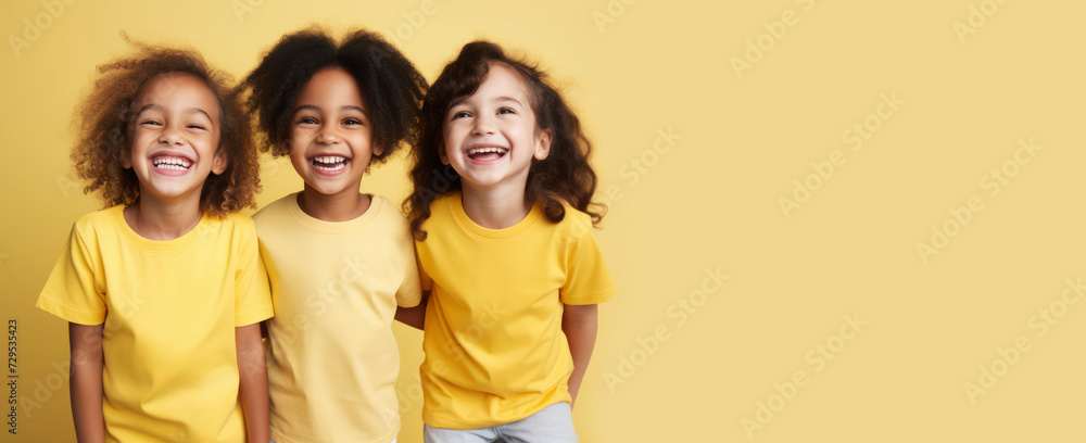Smiling children of different races in T-shirts on plain yellow background. Happy joyful preschool children of different ethnic groups, education concept, kindergarten, friendship of peoples Smiling children of different races in T-shirts on plain yellow background. Happy joyful preschool children of different ethnic groups, education concept, kindergarten, friendship of peoples