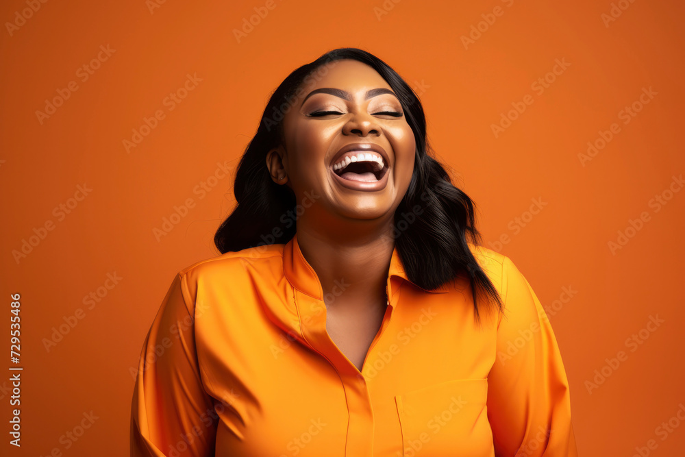 Laughing young pretty African American woman on bright orange background, studio portrait. Happy beautiful dark-skinned girl, concept of human emotions, joy, fun Laughing young pretty African American woman on bright orange background, studio portrait. Happy beautiful dark-skinned girl, concept of human emotions, joy, fun