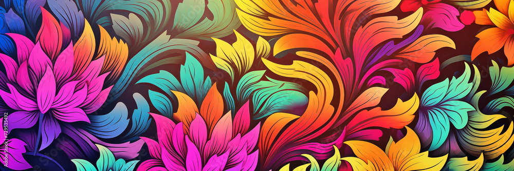 Digital psychedelic pattern of swirling flowers banner. Floral swirls abstract background. Panoramic web header. Wide screen wallpaper Digital psychedelic pattern of swirling flowers banner. Floral swirls abstract background. Panoramic web header. Wide screen wallpaper