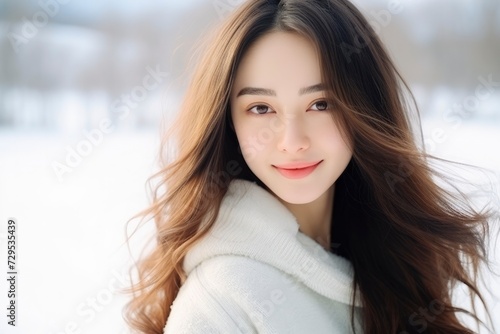 Portrait of a beautiful smiling Asian girl with long hair against a background of snowy nature. Young Japanese  Korean woman  beauty  fashion  cosmetology  facial care concept