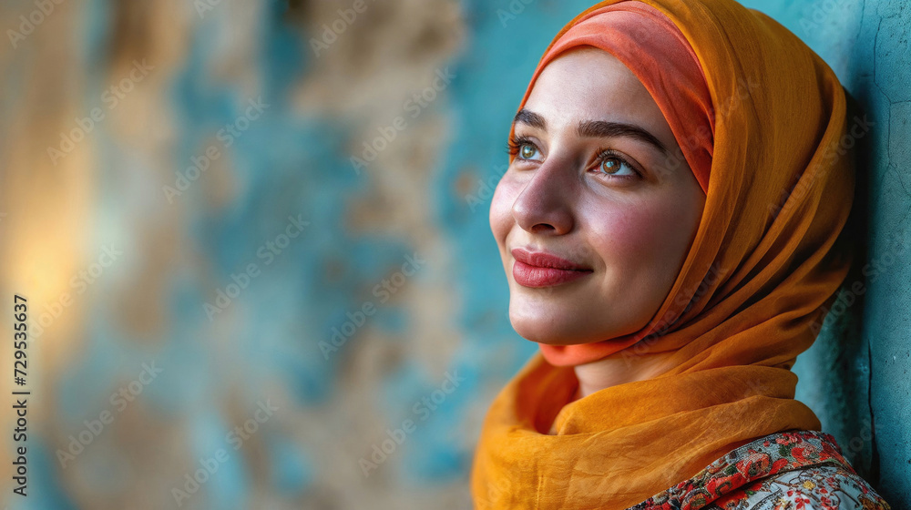 Serene woman in a colorful hijab against a textured background, a portrait of cultural beauty and tranquility. Serene woman in a colorful hijab against a textured background, a portrait of cultural beauty and tranquility.