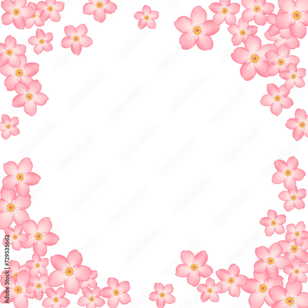 Beautiful sakura, apricot or japanese cherry blossom flowers frame, bloom elements vector illustration. Cherry pink flower vector elements on white backdrop. Sakura blossom Valentine's card frame.