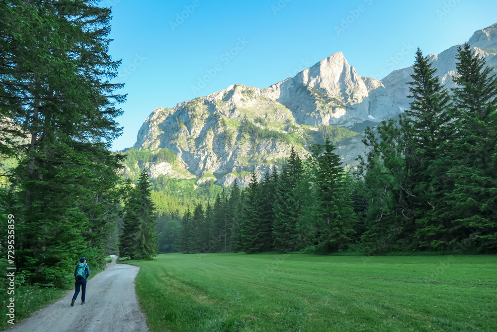 Woman on hiking trail with scenic view of mountains of Hochschwab Region in Upper Styria, Austria. Sharp summit Zinken in beautiful Austrian Alps, Europe. Climbing tourism, wilderness. Concept freedom