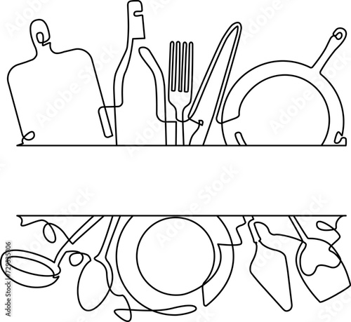 Vector Frame with utensils in linear drawing style. Illustration on culinary theme. Cooking background.